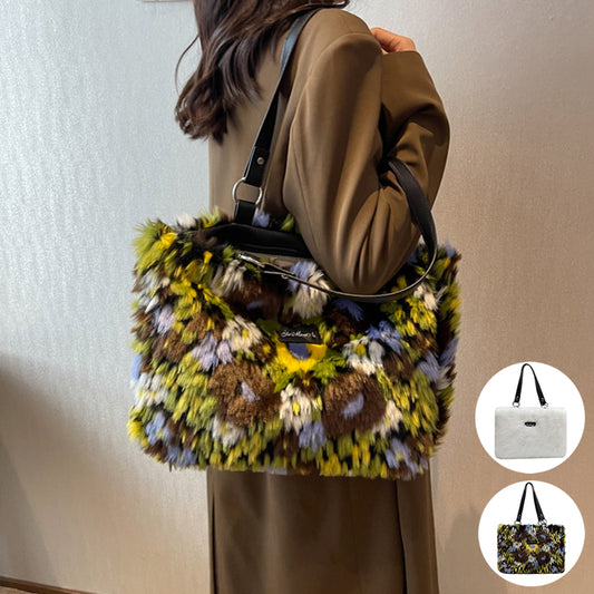 Women's Winter Plush Bags Women Flowers Shoulder Bag Handbag