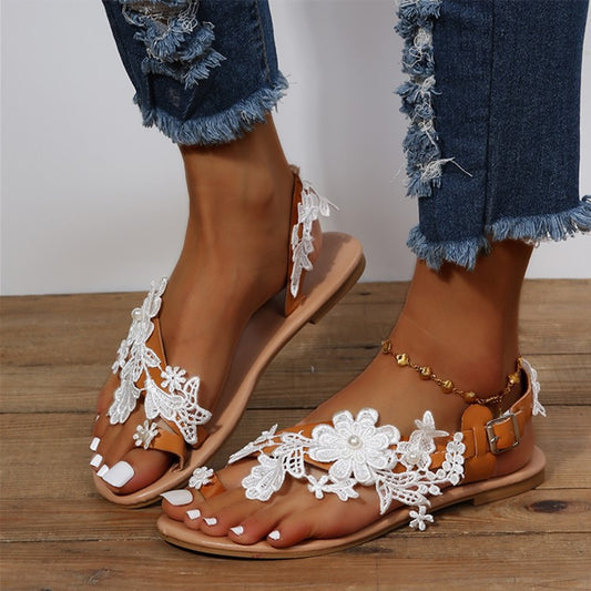 Womens Lace Sandals Bohemia Beach Shoes Flowers Ankle Strap Flat Shoes Summer